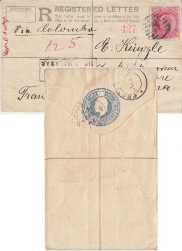Indien - 2 A. Ganzsache + Zusatz Einschreibebrief n. TRANSVAAL Malabar 1901