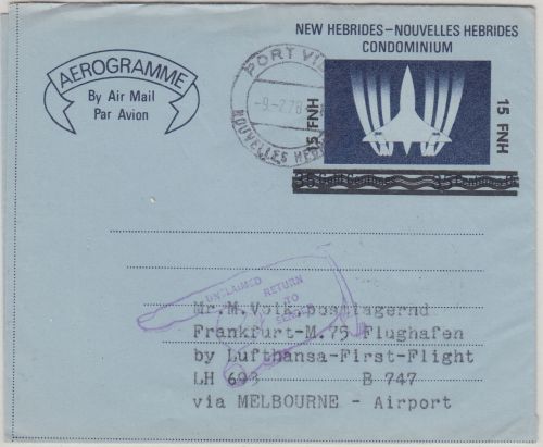 New Hebrides - 15 FHN/35 C. Aerogramme Zuleitung LH-Erstflug n. Melborune 1978