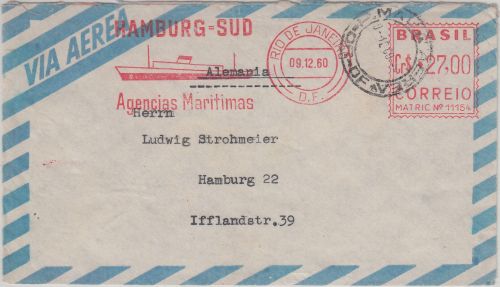 Brasilien - Rio de Janeiro 1960 27 Cr. AFS "Hamburg-SUD" Luftpostbrief n Hamburg