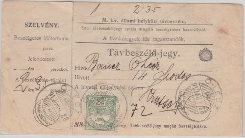 Ungarn/Serbien - 60 F. Turul Telefonquittung O-Lecz (Alt-Letz, Stari Lec) 1912