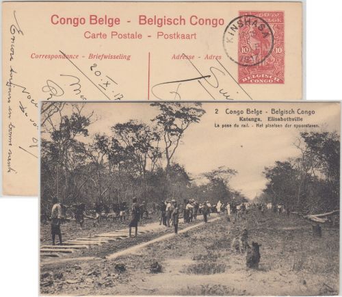 Belgisch Congo - 10 C. Bildganzsache (2/Katanga Eisenbahnbau) Kinshasa 1917