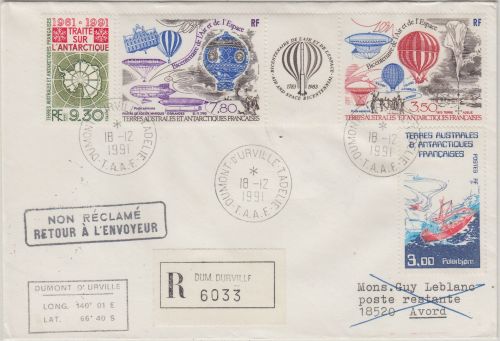 TAAF - 200 J. Luftfahrt Zus.druck u.a. Einschreibebrief Dumont Durville 1991