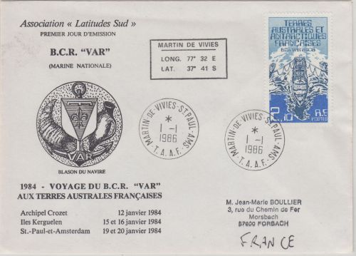 TAAF - 2,10 Fr. Forschungsschiff Var Schmuckbrief Voyage du B.C.R." 1986