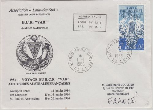 TAAF - 2,10 Fr. Forschungsschiff Var Schmuckbrief Voyage du B.C.R." 1986