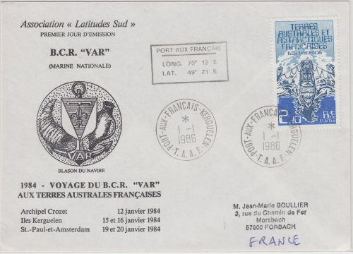 TAAF - 2,10 Fr. Forschungsschiff Var Schmuckbrief Voyage du B.C.R." 1986