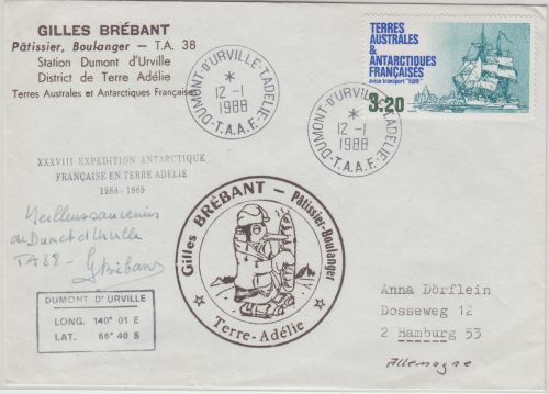 TAAF - 3,20 Fr. Verbindungsschiff Eure Brief XXXVIII Expedition Terre Adele 1988