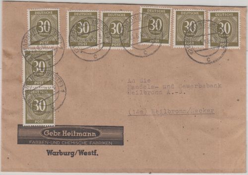 All.Bes./Währungsreform - 8x30 Pfg. Ziffer Firmenbrief Warburg 23.6.48-6