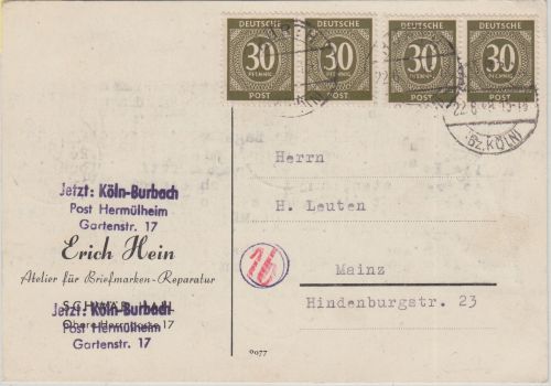 All.Bes./Währungsreform - 4x30 Pfg. Ziffer Karte Hürth - Mainz 22.6.48