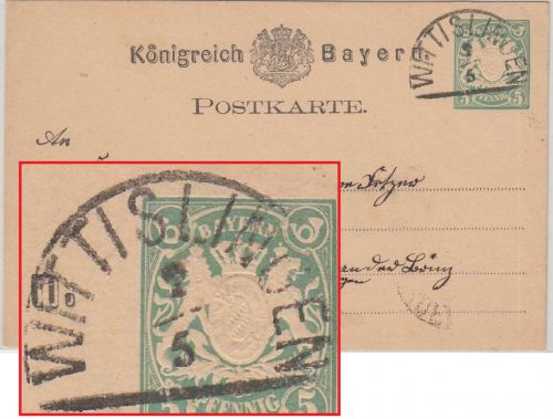 Bayern - Wittislingen 2/5 HKS 5 Pfg. Ganzsache n. Bächingen A/Brenz 1878
