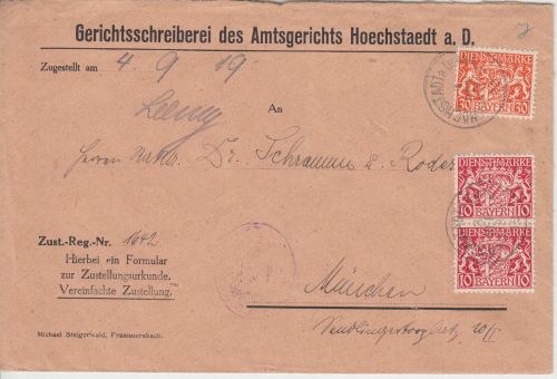 Bayern - 2x10+30 Pfg. Staatswappen Zustellurkunde Höchstädt a/D. - München 1919