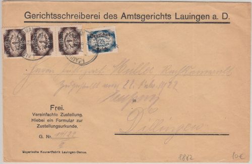 DR-Infla - 3x1+2 1/2 M. By-Abschied/DR Dienst-Zustellurkunde Lauingen 1922