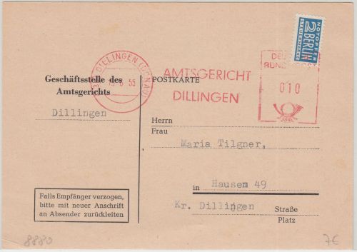 BRD - Dillingen 1955 10 Pfg. AFS "Amtsgericht" + Notopfer Karte n. Hausen