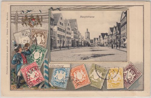 Bayern - Günzburg Hauptstraße Briefmarken-Passepartout-AK gelaufen 1906