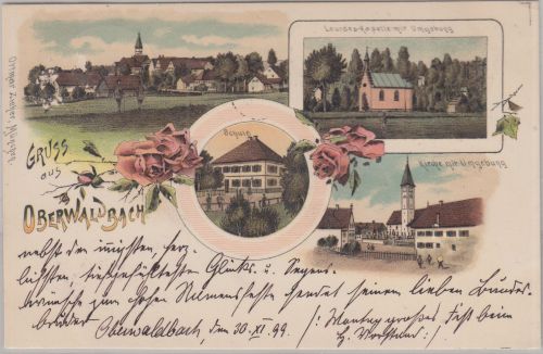 Bayern - Oberwaldbach Schule Kirche tec. Mehrbild-Farblitho gelaufen 1899