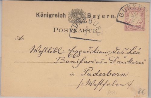 Bayern - Günzburg 5/2 HKS 5 Pfg. Ganzsache n. Paderborn 1883