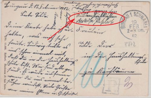 Bayern - Burgau 1912 unfrankierte Karte "Aus dem Briefkasten" n. Kaufbeuren
