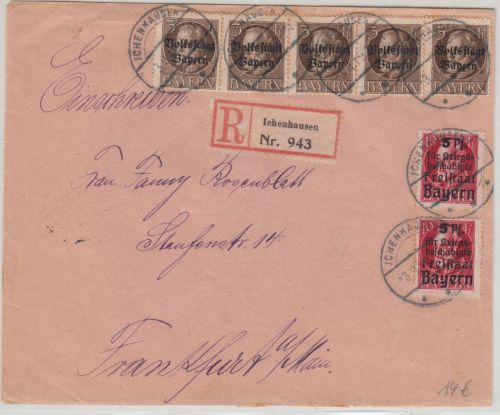 Bayern - 5x3 Pfg. Ludwig/Volksstaat u.a. Einschreibebrief Ichenhausen - FFM 1919
