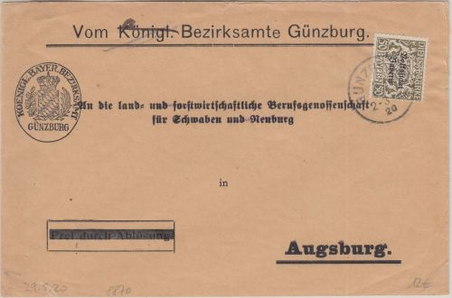 Bayern - 50 Pfg. Staatswappen/Volksstaat Brief Günzburg - Augsburg 29.5.20