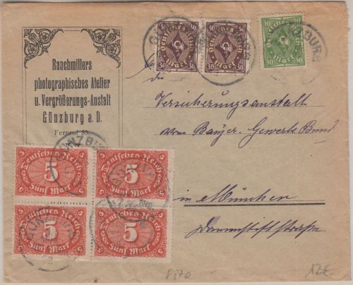 DR-Infla - 3x30 M. Posthorn u.a. Firmenbrief Günzburg - München 1923