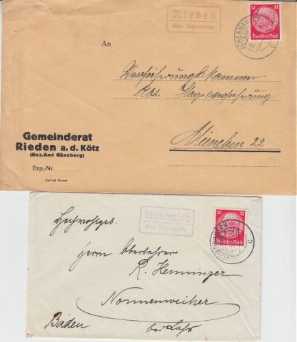 DR - Autenried, Rieden ü. Ichenhausen Landpost-Ra2 2 Briefe 1934/35