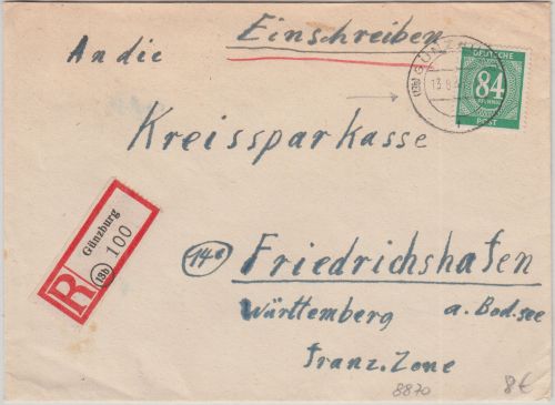 All.Bes./Kontrollrat - 84 Pfg. Ziffer Einschreibebrief (13b) Günzburg 1946
