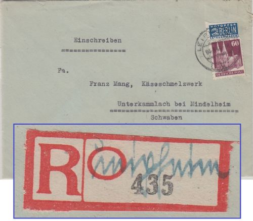 Bizone - Leipheim 1949 Einschreibebrief n. Unterkammlach Aushilfs-R-Zettel