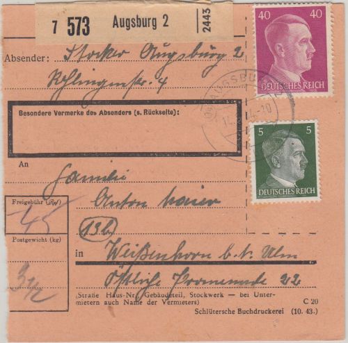 DR - (13b) Augsburg 2 14.8.44 Paketkarte n. Weißenhorn - Postleitgebietszahl !