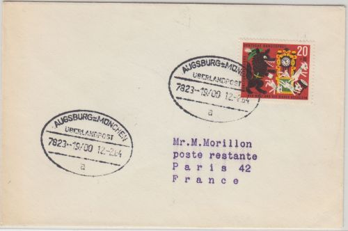 BRD - Augsburg München Überlandpost 7823-19/00 Brief n. FRANKREICH 1964