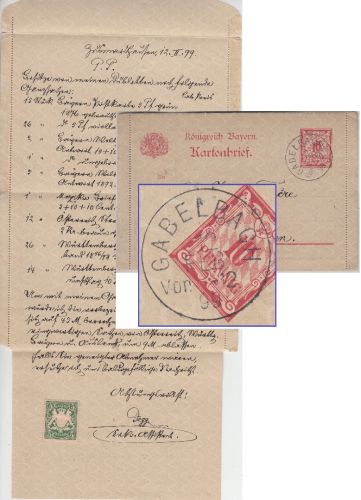 Bayern - Gabelbach 12. FEB 99 K1 10 Pfg. Ganzsache Kartenbrief n. München Inhalt