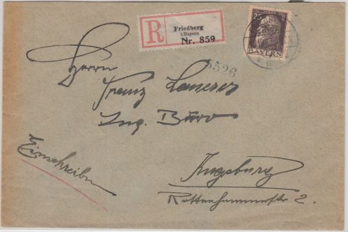 Bayern - 25 Pfg. Luitpold Ortseinschreibebrief Friedberg 1913