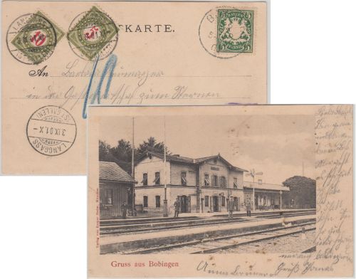 Bayern - 5 Pfg. Wappen AK Bahnhof Bobingen i.d. SCHWEIZ 1901 - 15 Rp. Nachporto