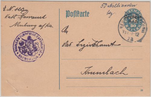 DR-Infla - Neuburg a.d. Kammel Ganzsache Formular Barfrankatur 30.11./1.12.23 !!