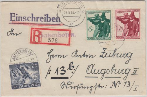 DR - Batzenhofen 1944 Einschreibebrief n. Augsburg - Aushilfs-R-Zettel