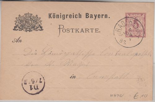 Bayern - Radersdorf 6. JUN 87 K1 5 Pfg. Ganzsache n. Cannstadt