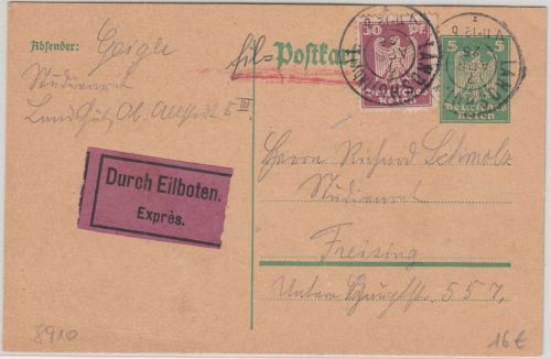 DR - 5Pfg. Adler Ganzsache+Zusatz Eilkarte Landsberg (Lech) - Freising 1925