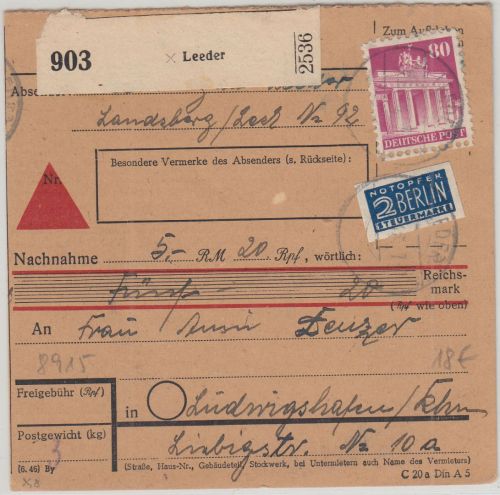 Bizone - 80 Pfg. Bauten + Notopfer Nachnahme-Paketkarte Leeder 3.12.48