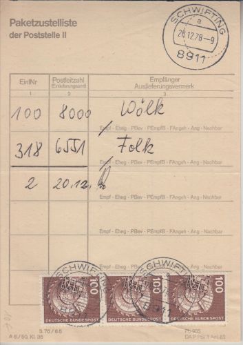 BRD - 3x100 Pfg. I&T Paketzustelliste Poststelle II Schwifting 1978