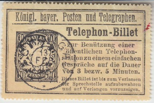 Bayern - 10 Pfg. Wappen Telephon-Billet K2 Schongau 13. FEB 05