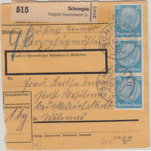 DR - 3x20 u.a. Hindenburg Paketkarte Schongau - Mellrichstadt 1941