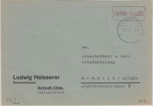 All.Bes. - Lechbruck 2.10.45 Gebühr bezahlt Ra1 Brief Gründl - Kempten