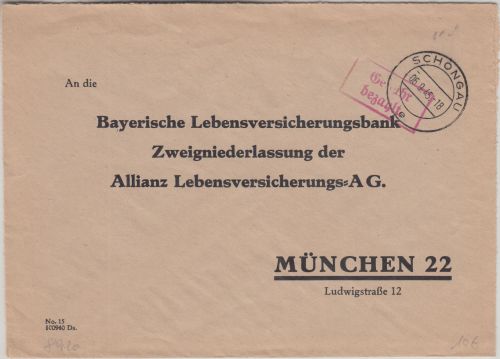 All.Bes. - Schongau 6.9.45 Gebühr bezahlt Ra2 Brief n. München