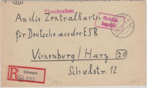All.Bes. - Schongau 22.12.45 Gebühr bezahlt Ra2 Einschreibebrief n. Vienenburg
