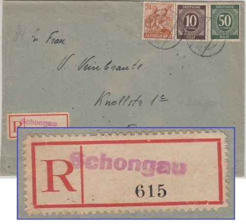 All.Bes. - Schongau 1947 Einschreibebrief n. Osnabrück - R-Zettel-Type !!