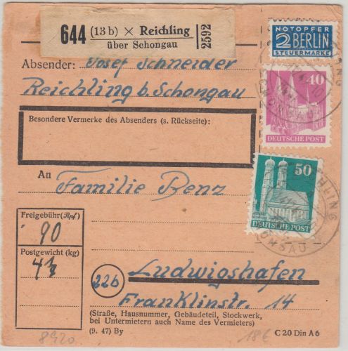 Bizone - Reichling ü. Schongau Poststelle I Paketkarte n. Ludwigshafen 1949