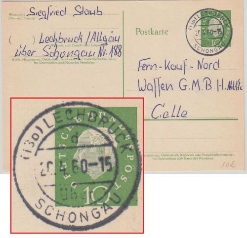BRD - (13b) Lechbruck ü. Schongau Poststelle I Tagesstempel Ganzsache 1960