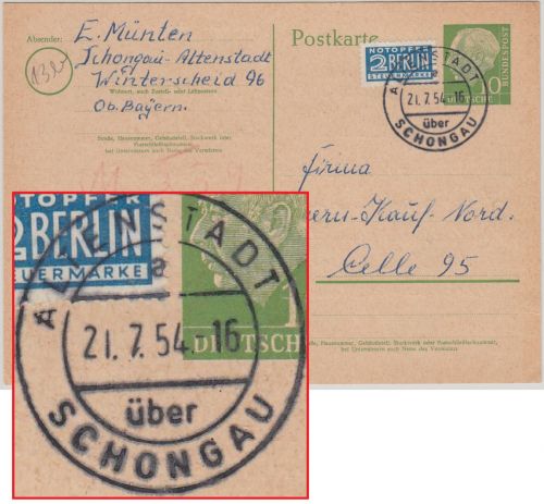 BRD - Altenstadt ü. Schongau Poststelle I Tagesstempel 10 Pfg Ganzsache n. Celle
