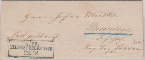 Feldzug 1870/71 - K.Pr. Feldpost Relais No.66 22/12 Ra3 Feldpostbrief 1870