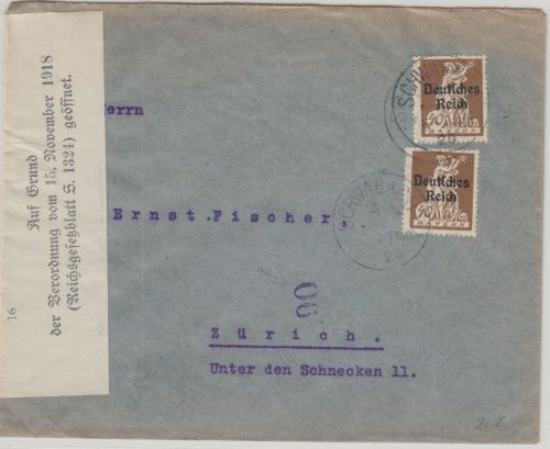 DR-Infla - 2x40 Pfg. By-Abschied/DR Zensurbrief i.d. SCHWEIZ Schwabach 4.6.20