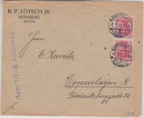 DR - Geprüft in Annaberg Zensur-L1 Brief n. DÄNEMARK Annaberg - Kopenhagen 1918