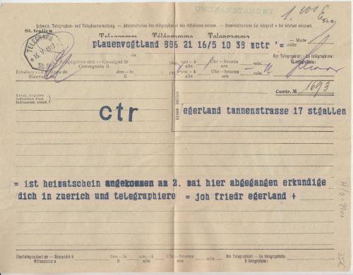 Schweiz/DR - St. Gallen 1917 Telegramm aus Plauen mit Tickerzensur "ctr"